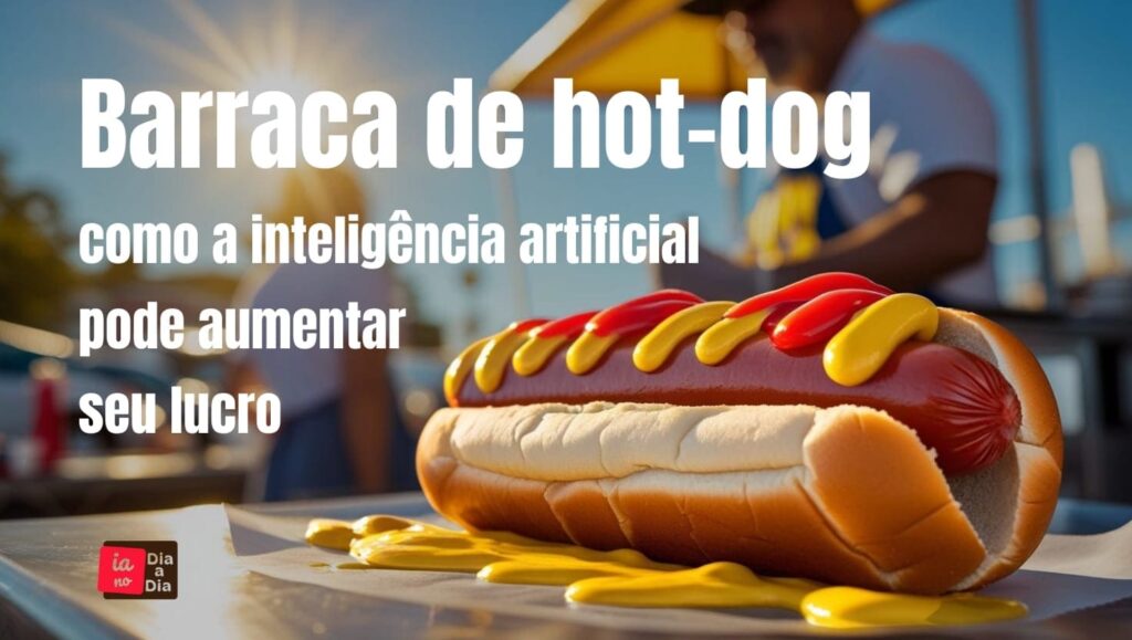Foto com um hot-dog em destaque e fundo desfocado, além de um texto em azul com o título do post.