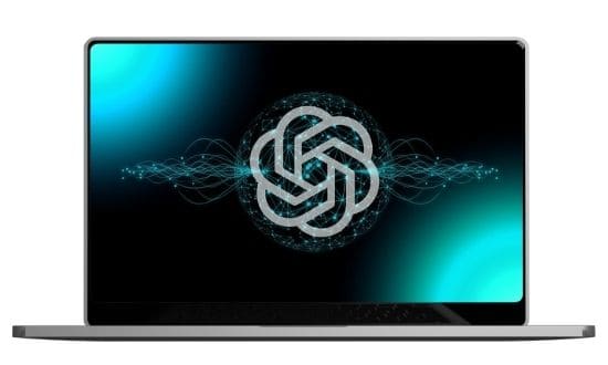 Arte em mockup tipo notebook com ilustração da logomarca do ChatGPT.
