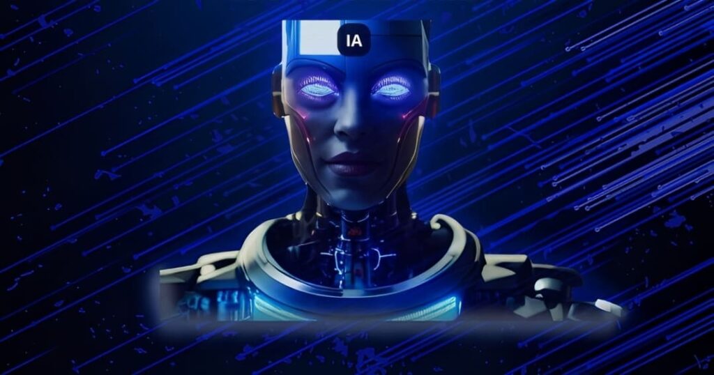 Arte com sobreposição de imagens de um robô em primeiro plano e fundo abstrato.