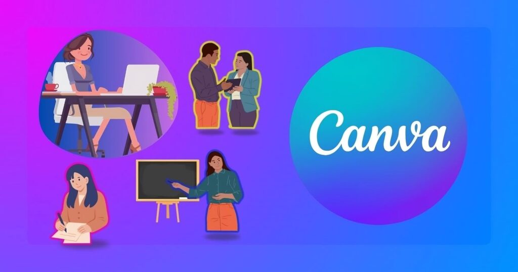 Arte representando o Canva e as atividades que ele pode ajudar com suas ferramentas.