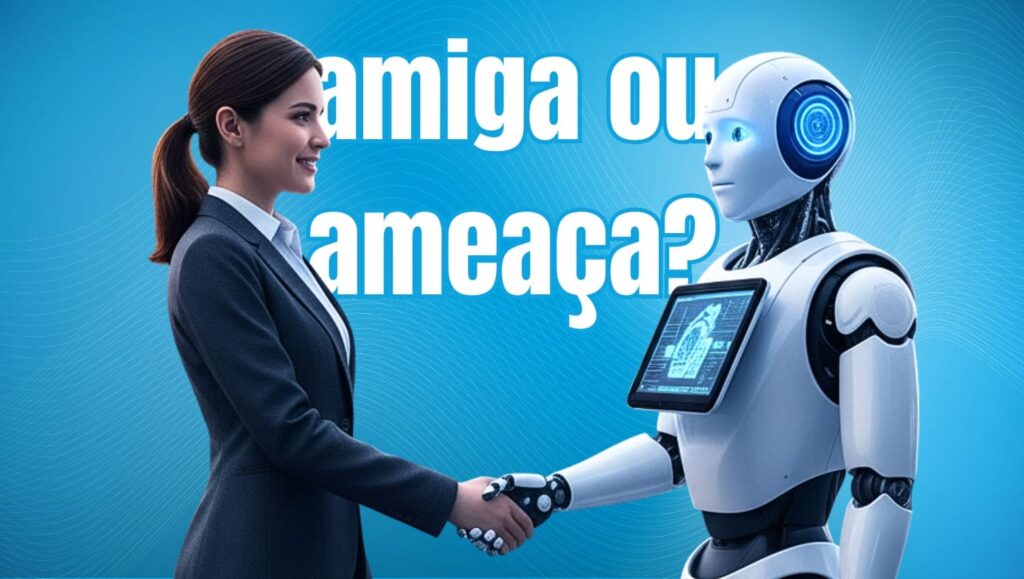 Arte com imagem representando uma moça e um robô dando as mãos e texto com título do post.